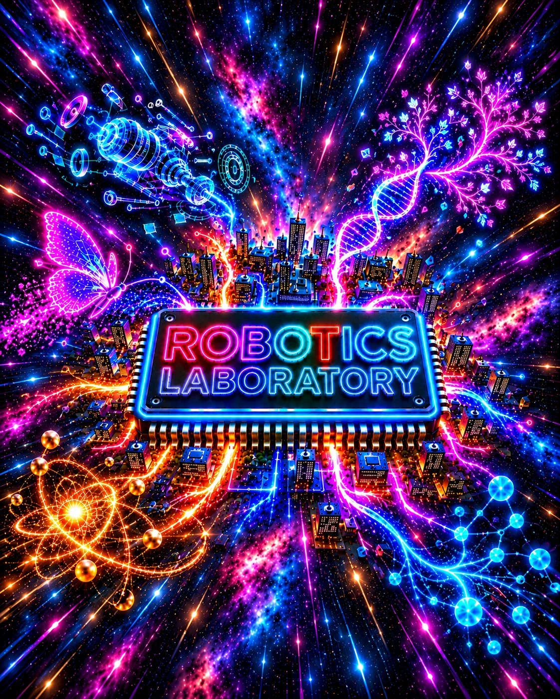 Colorful technology and city-themed Robotics Laboratory visual concept