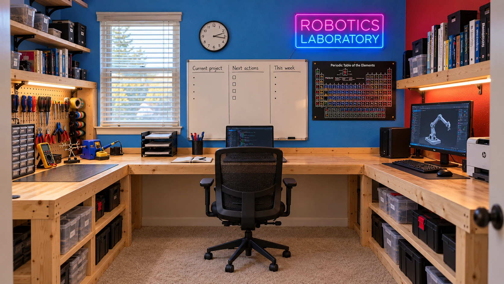 Laboratory workspace visualization with wooden benches, electronics tools, study area, computer station, and one chair