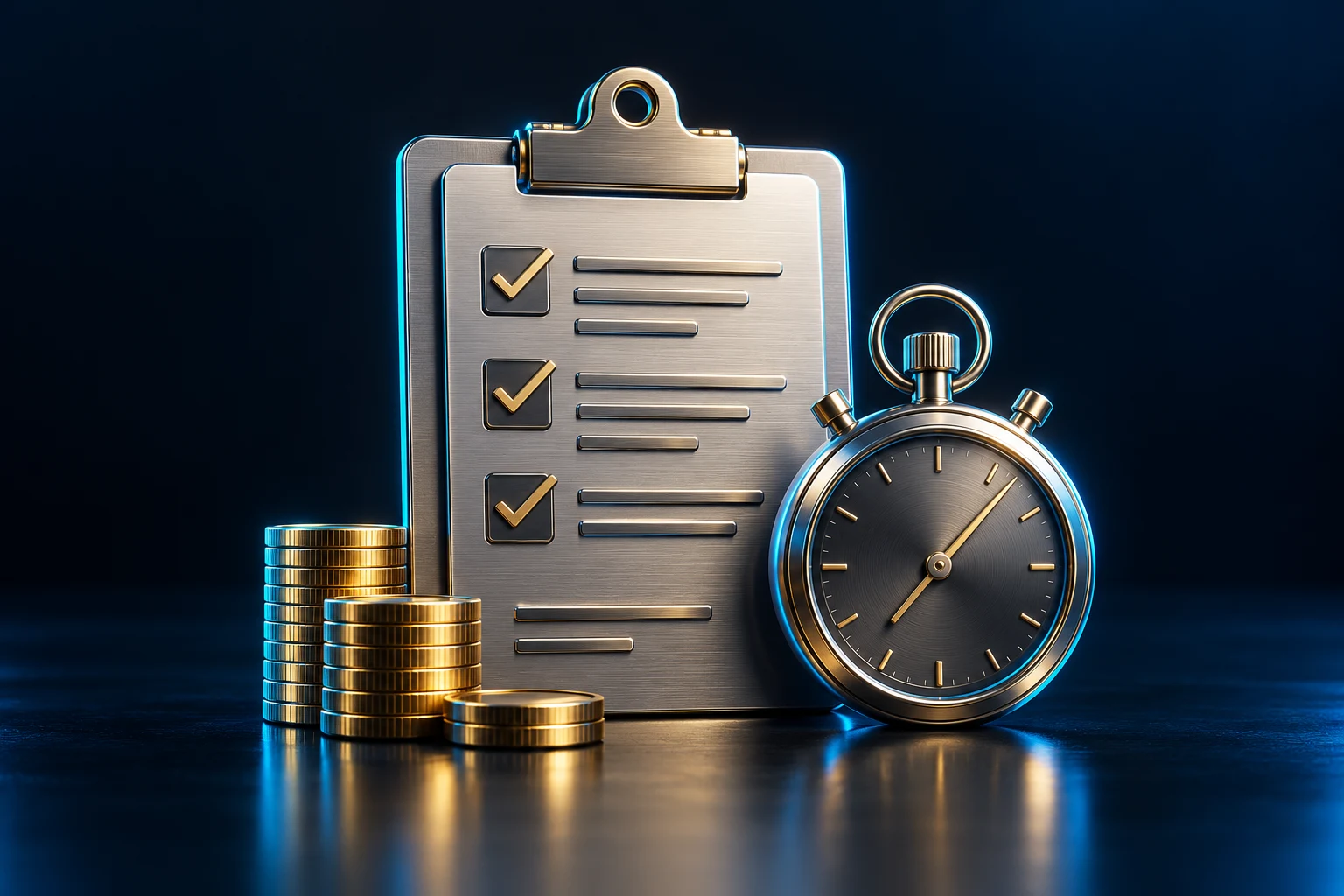 Contract clipboard, stopwatch, and coins representing earnings and time