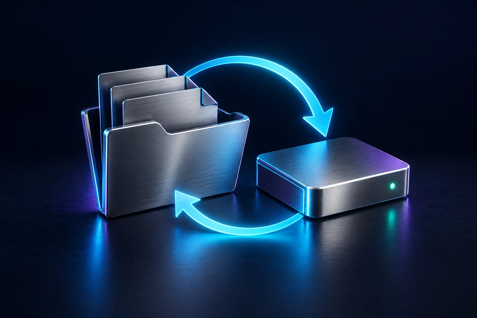 Organized folders and a backup drive linked by recovery arrows